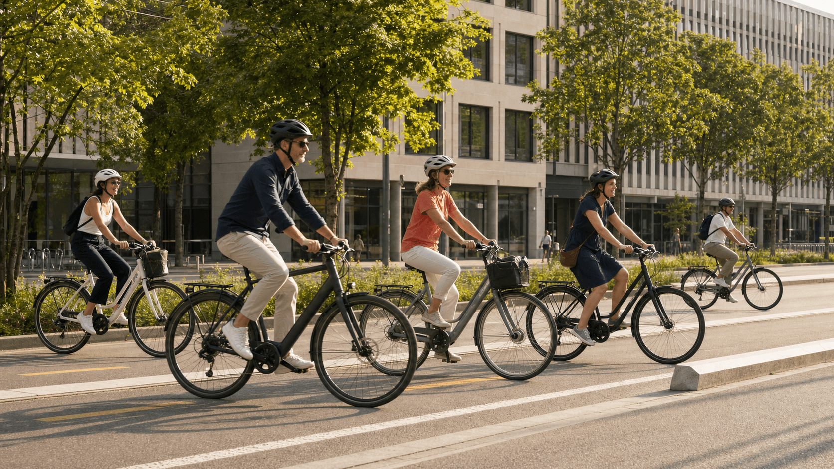 A group of cyclists riding together in a protected city lane