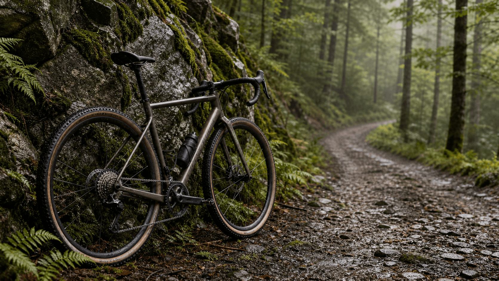 A gravel bicycle beside a forest route